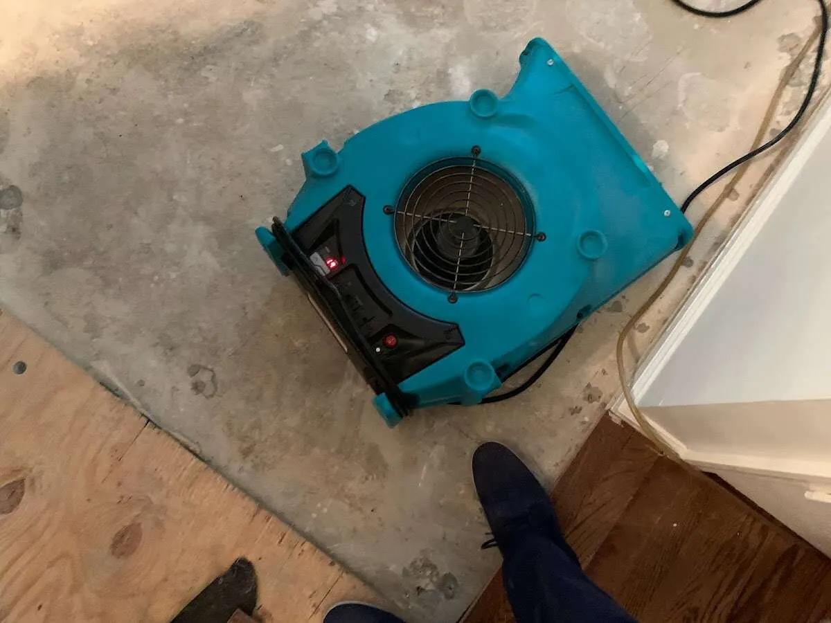 Air mover drying subfloor during Commercial Water Damage Restoration in Lake Holiday
